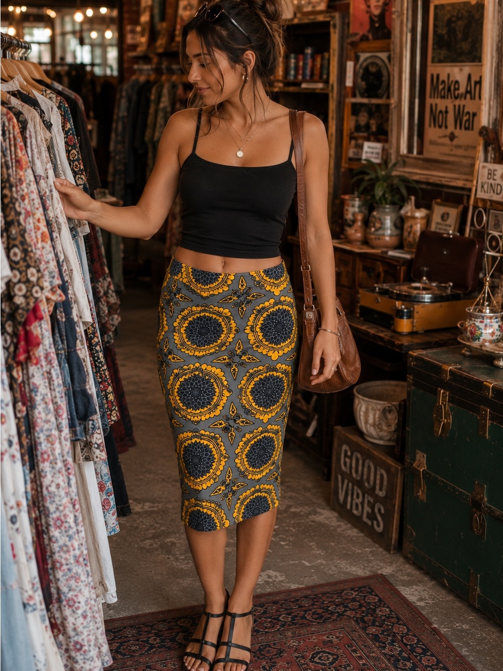 Yellow and Gray Floral Pencil Skirt